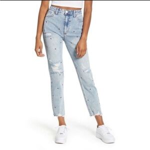 Tinsel Distressed Mom Jeans with the Cutest Embroidered Lips